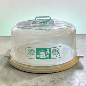 Vintage Lustro Ware Plastic Cake Carrier Cover Rooster Green White Round 12"